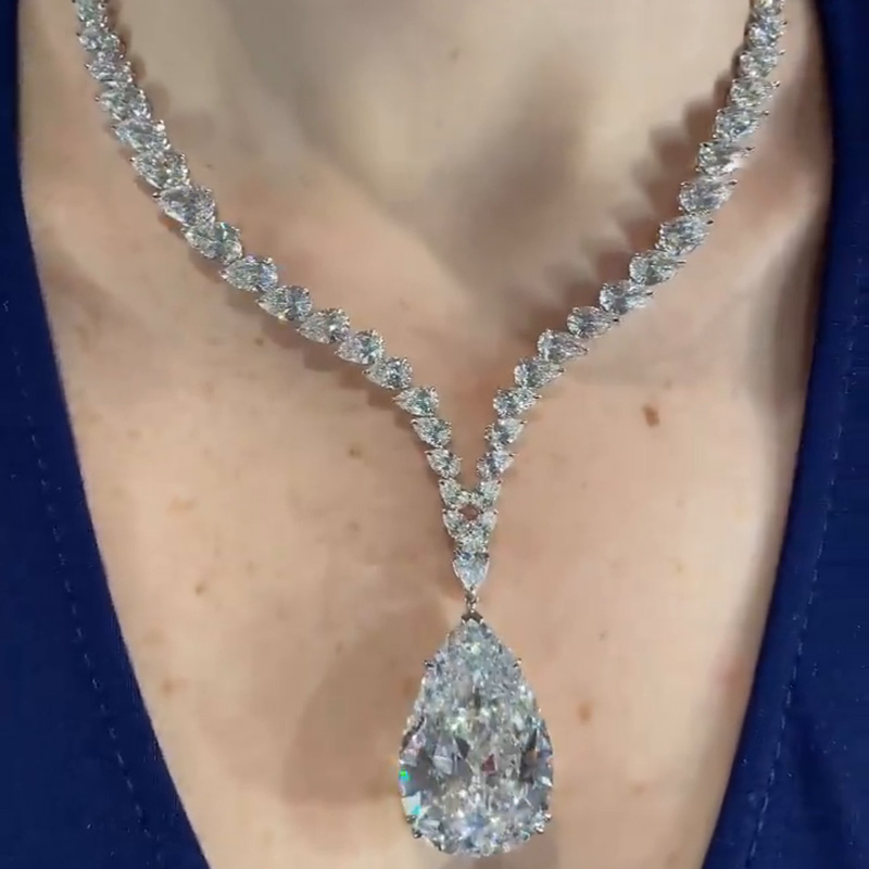 54ctw Pear Cut White Sapphire Silver Handmade Pendant Neckalce