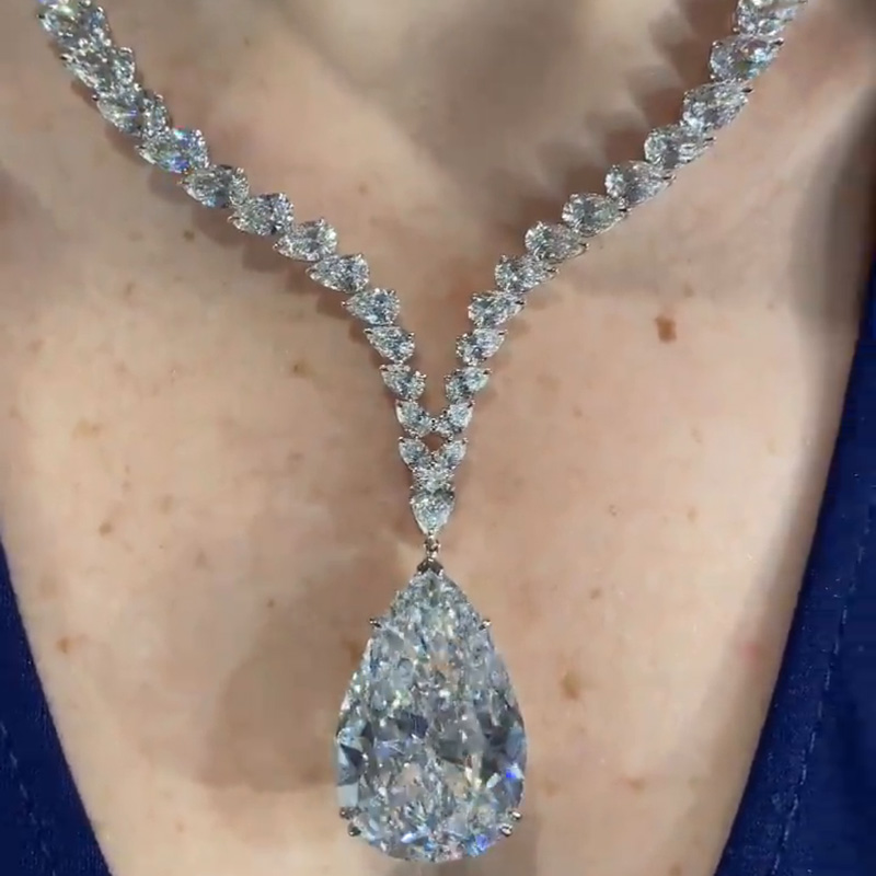 54ctw Pear Cut White Sapphire Silver Handmade Pendant Neckalce