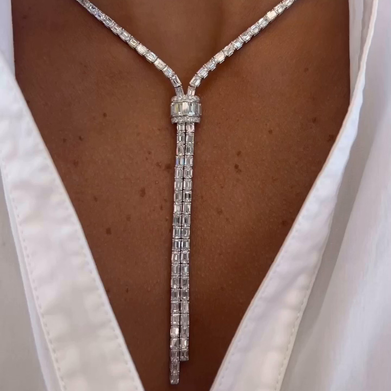 Emerald Cut White Sapphire Handmade Statement Sterling Silver Necklace