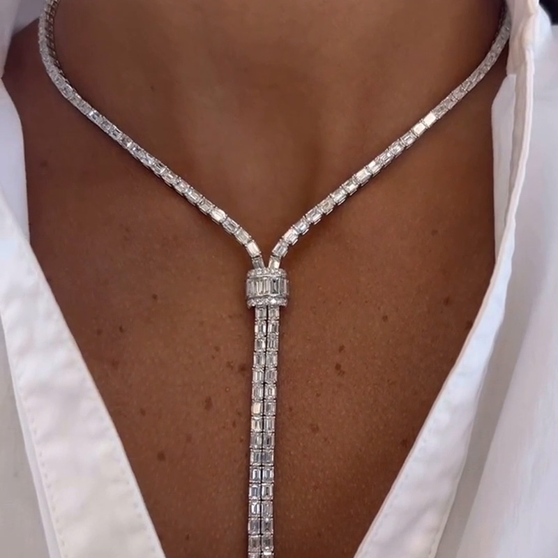 Emerald Cut White Sapphire Handmade Statement Sterling Silver Necklace