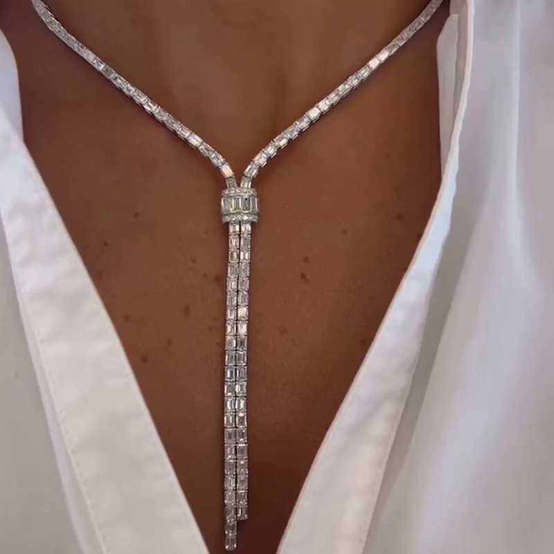 Emerald Cut White Sapphire Handmade Statement Sterling Silver Necklace