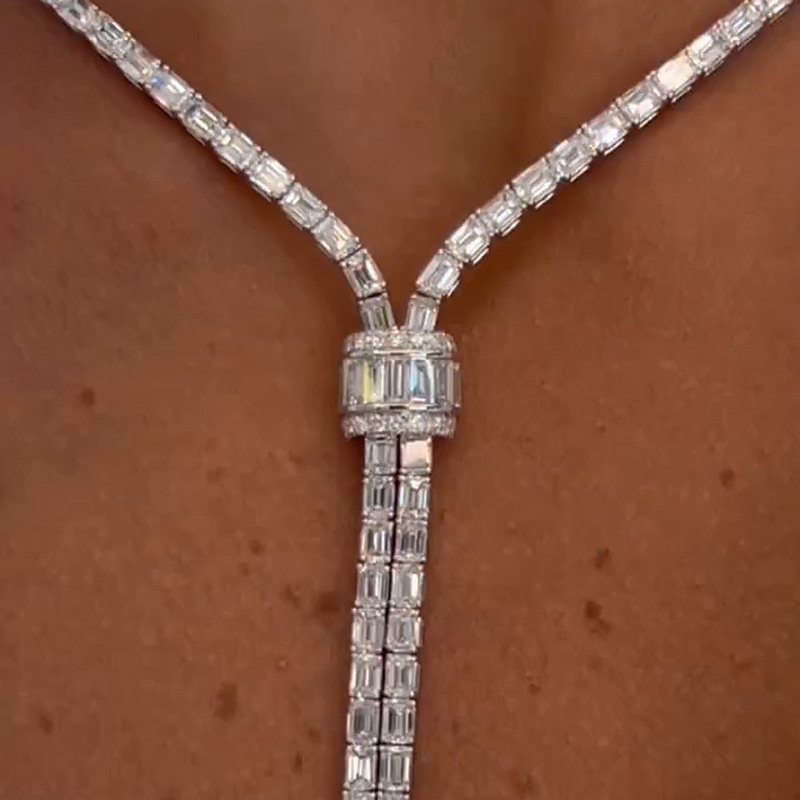 Emerald Cut White Sapphire Handmade Statement Sterling Silver Necklace