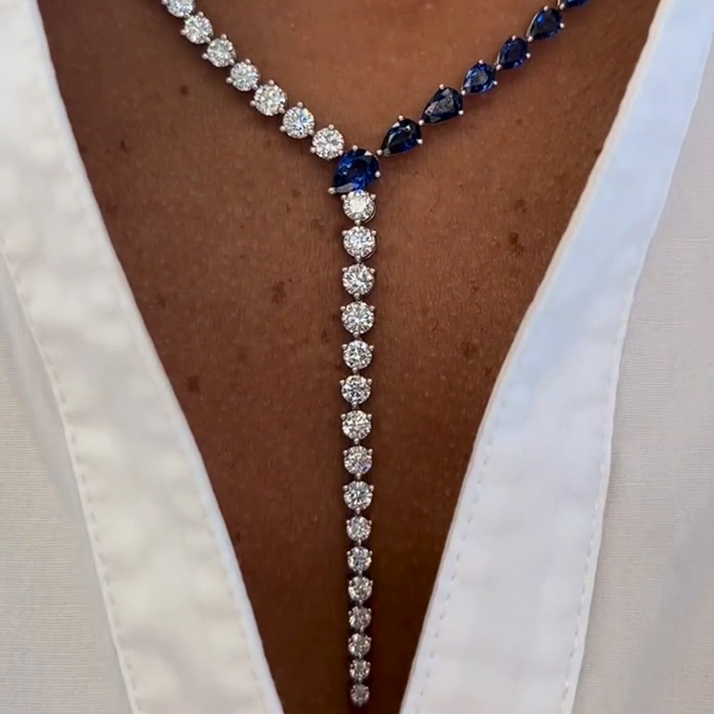 Pear And Round Cut White And Blue Sapphire Sterling Silver Handmade Statement Necklace