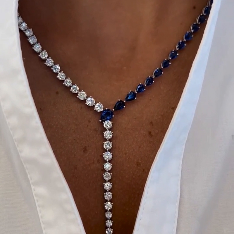 Pear And Round Cut White And Blue Sapphire Sterling Silver Handmade Statement Necklace