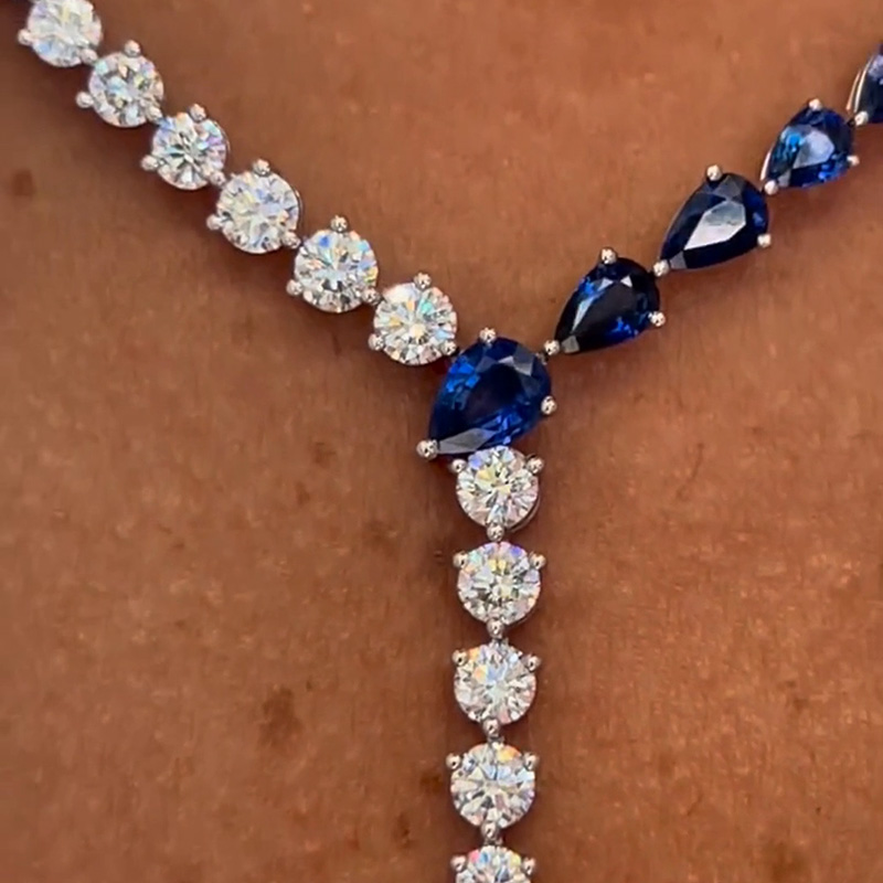 Pear And Round Cut White And Blue Sapphire Sterling Silver Handmade Statement Necklace