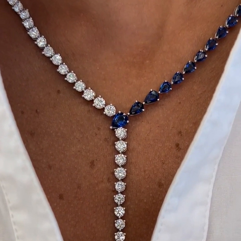 Pear And Round Cut White And Blue Sapphire Sterling Silver Handmade Statement Necklace