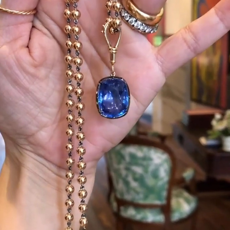 12ct Cushion Cut Blue Sapphire Ball Chain Necklace In Rose Gold