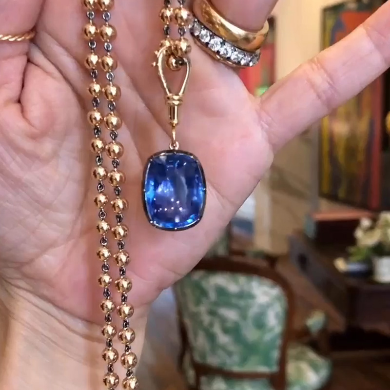 12ct Cushion Cut Blue Sapphire Ball Chain Necklace In Rose Gold