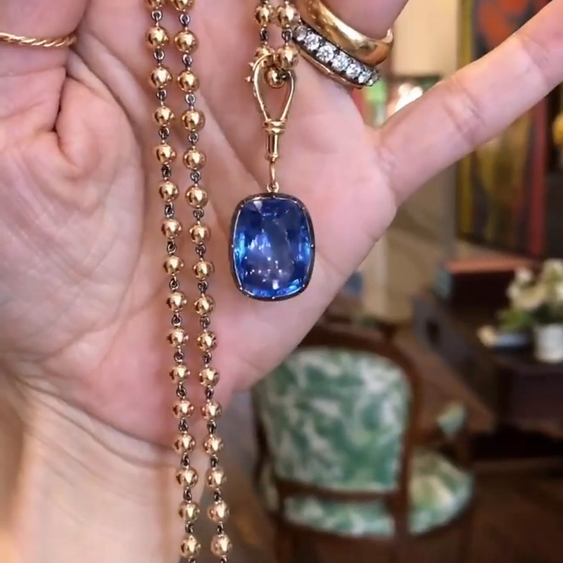 12ct Cushion Cut Blue Sapphire Ball Chain Necklace In Rose Gold