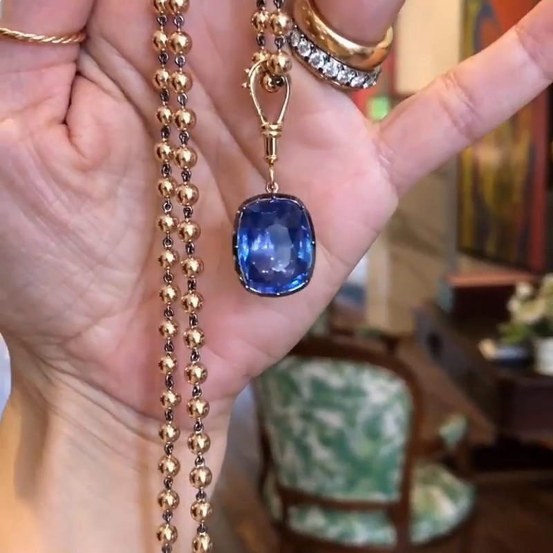 12ct Cushion Cut Blue Sapphire Ball Chain Necklace In Rose Gold