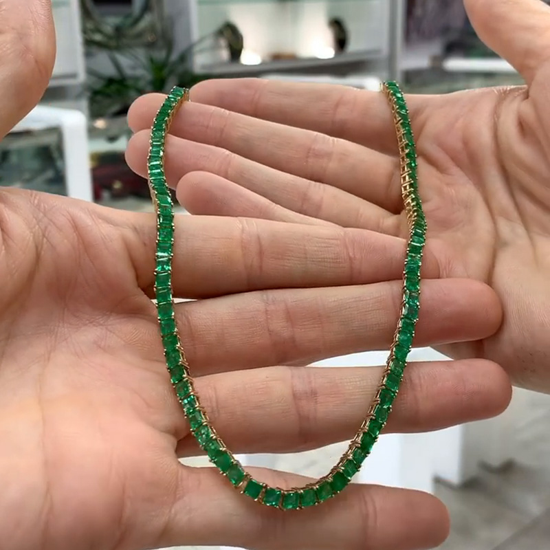 16ctw Princess Cut Emerald Tennis Necklace In Yellow Gold