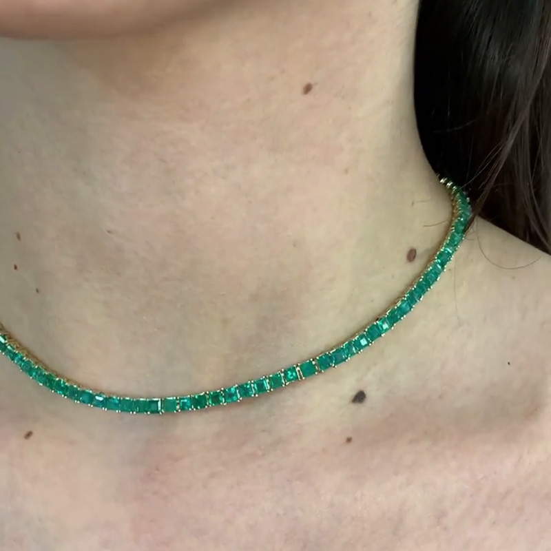 16ctw Princess Cut Emerald Tennis Necklace In Yellow Gold
