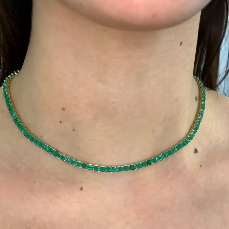 16ctw Princess Cut Emerald Tennis Necklace In Yellow Gold