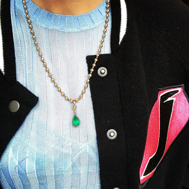 5ct Pear Cut Emerald Ball Chain Necklace In Rose Gold