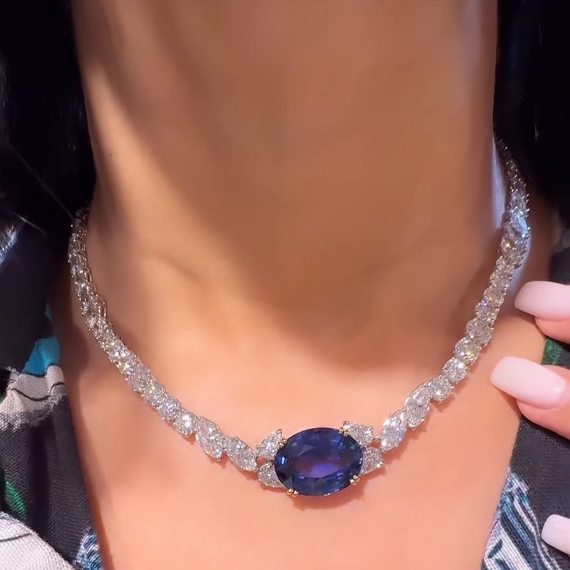 15ct Oval Cut Blue Sapphire Classic Pendant Necklace