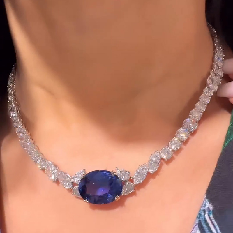 15ct Oval Cut Blue Sapphire Classic Pendant Necklace