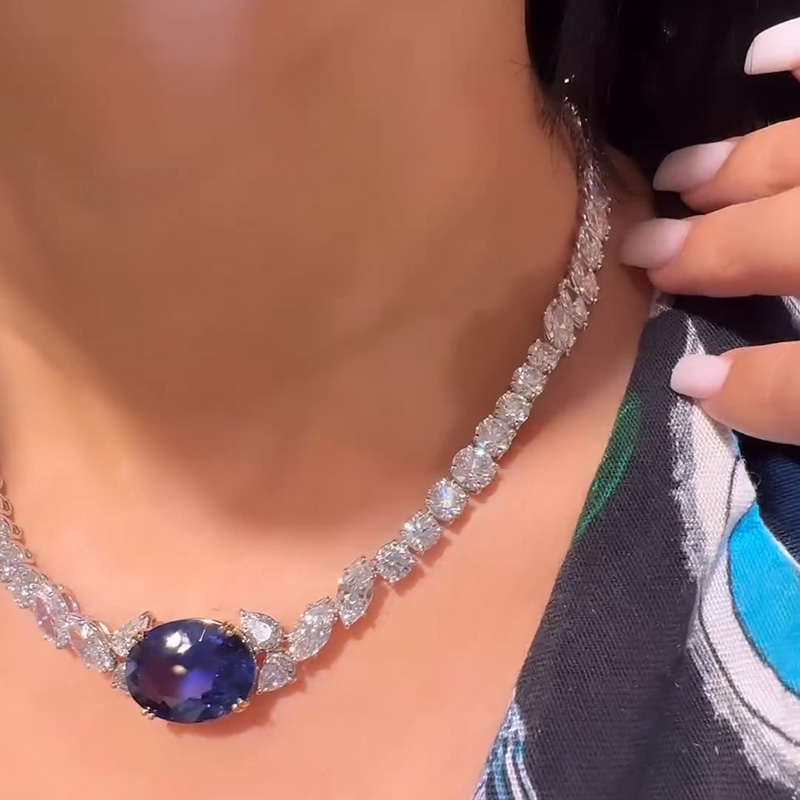 15ct Oval Cut Blue Sapphire Classic Pendant Necklace