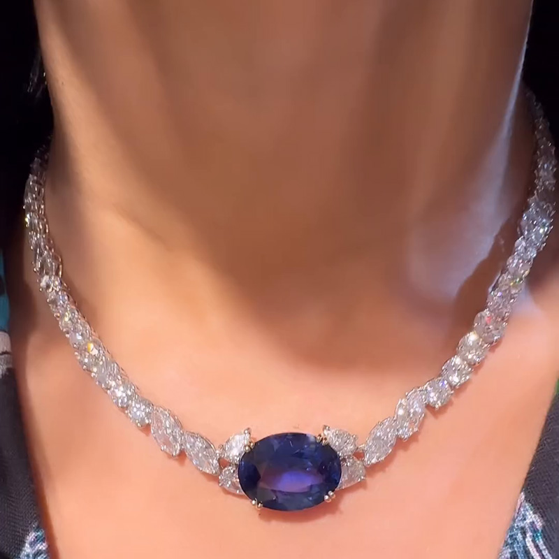 15ct Oval Cut Blue Sapphire Classic Pendant Necklace