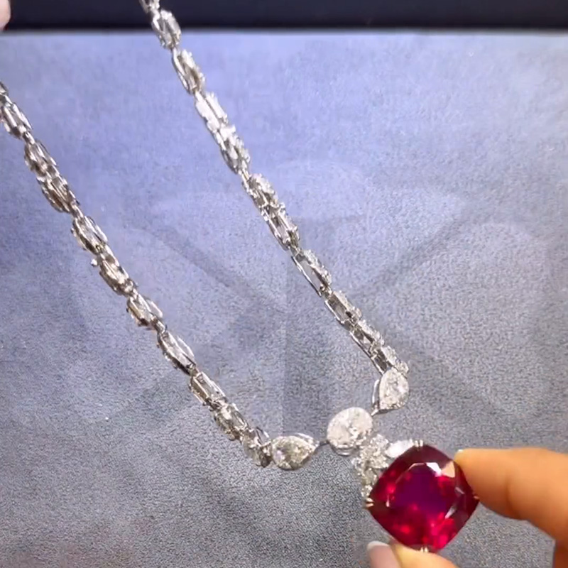 15ct Cushion Cut Ruby & Multi-cut White Sapphire Halo Paved Handmade Pendant Necklace
