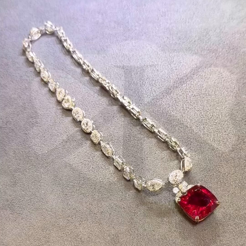 15ct Cushion Cut Ruby & Multi-cut White Sapphire Halo Paved Handmade Pendant Necklace