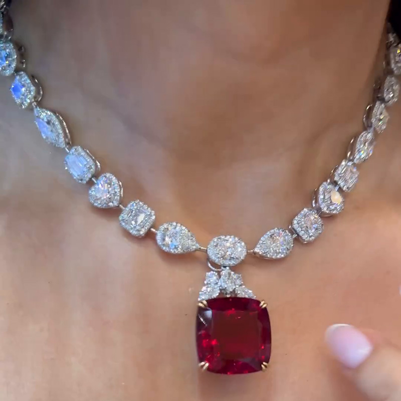 15ct Cushion Cut Ruby & Multi-cut White Sapphire Halo Paved Handmade Pendant Necklace