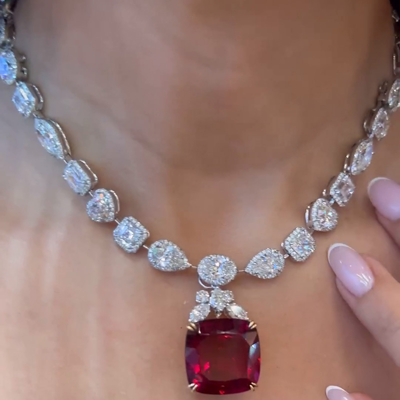 15ct Cushion Cut Ruby & Multi-cut White Sapphire Halo Paved Handmade Pendant Necklace