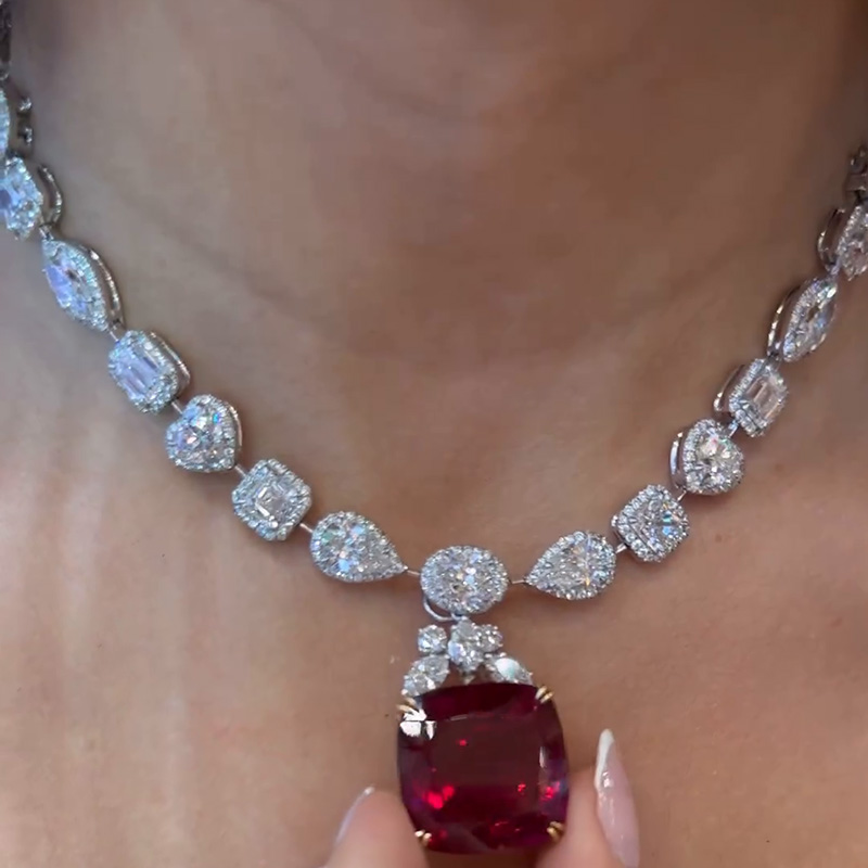 15ct Cushion Cut Ruby & Multi-cut White Sapphire Halo Paved Handmade Pendant Necklace