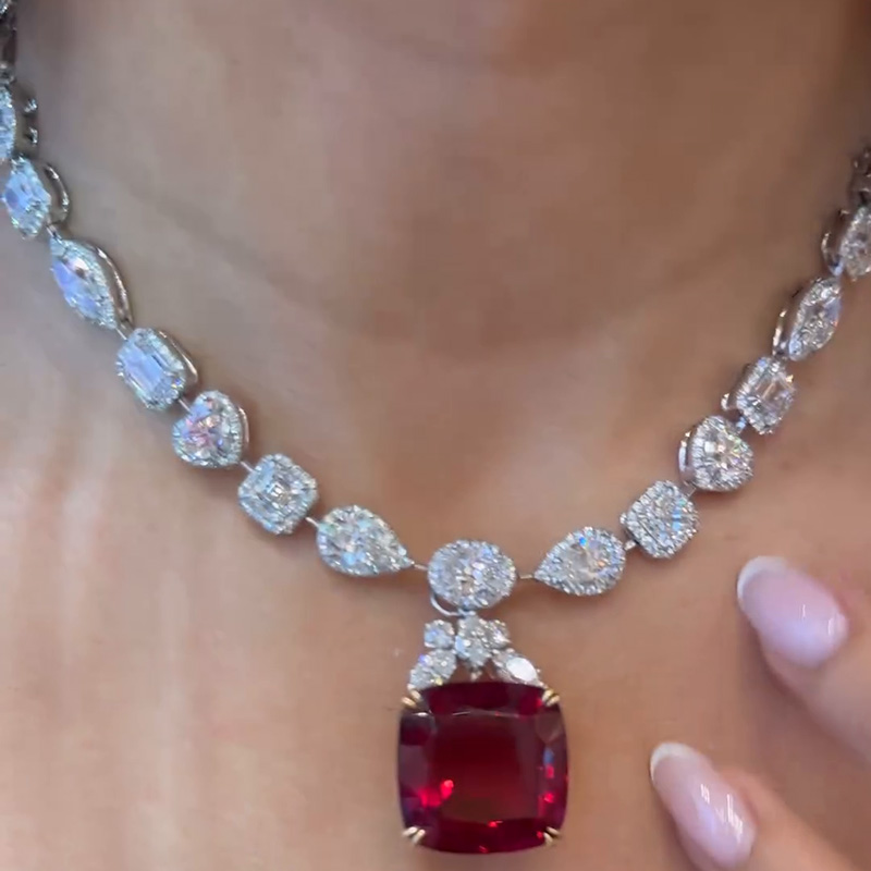 15ct Cushion Cut Ruby & Multi-cut White Sapphire Halo Paved Handmade Pendant Necklace