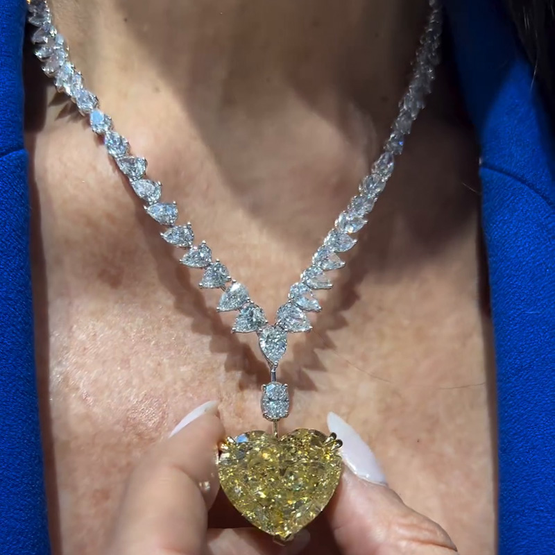 42.65ctw Pear Cut White Sapphire & Heart Cut Fancy Yellow Sapphire Handmade Pendant Necklace