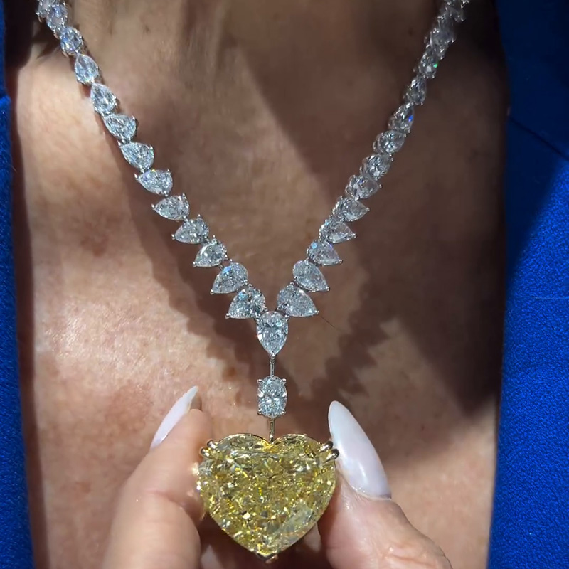 42.65ctw Pear Cut White Sapphire & Heart Cut Fancy Yellow Sapphire Handmade Pendant Necklace