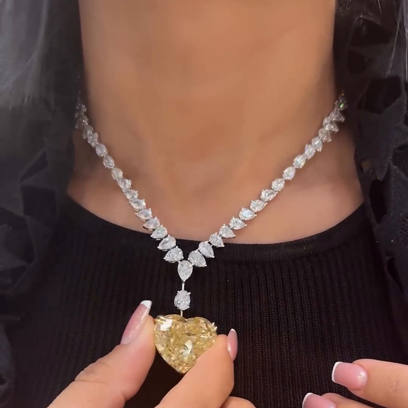 42.65ctw Pear Cut White Sapphire & Heart Cut Fancy Yellow Sapphire Handmade Pendant Necklace