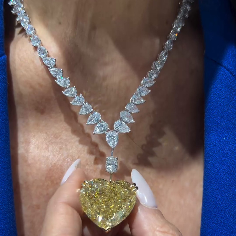 42.65ctw Pear Cut White Sapphire & Heart Cut Fancy Yellow Sapphire Handmade Pendant Necklace