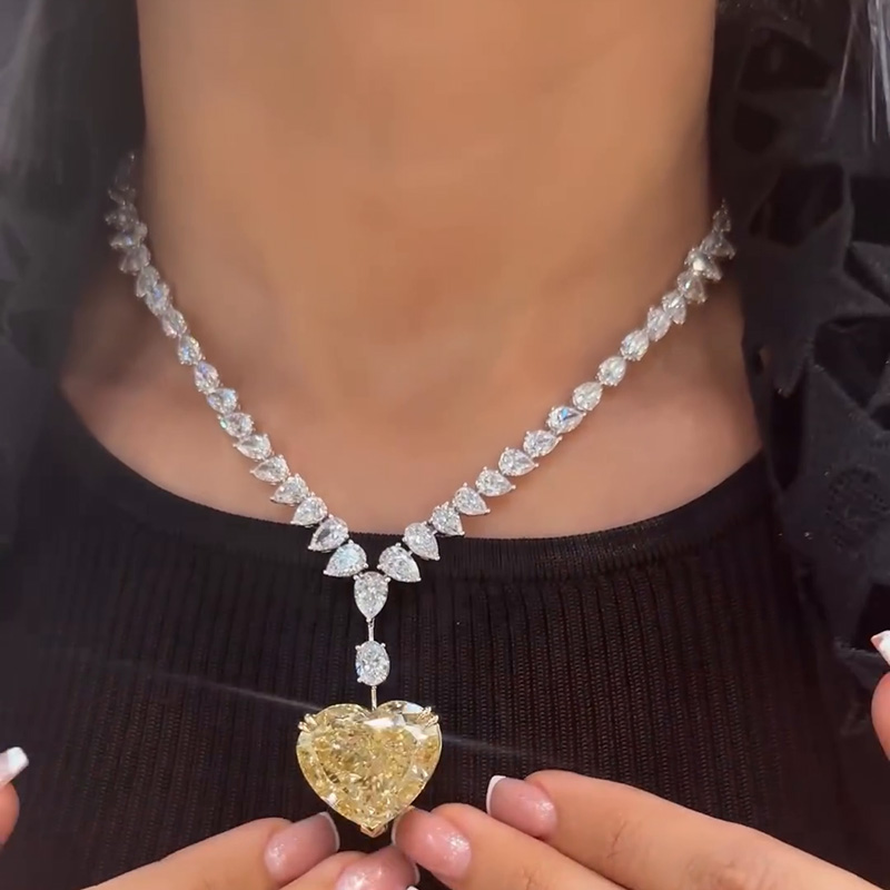 42.65ctw Pear Cut White Sapphire & Heart Cut Fancy Yellow Sapphire Handmade Pendant Necklace