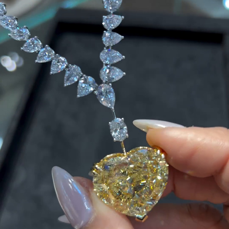 42.65ctw Pear Cut White Sapphire & Heart Cut Fancy Yellow Sapphire Handmade Pendant Necklace