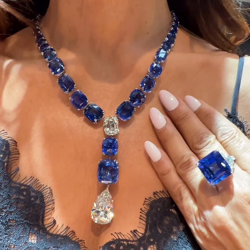 92ctw Cushion Cut Blue Sapphires & Pear Cut White Sapphires Handmade Pendant Necklace