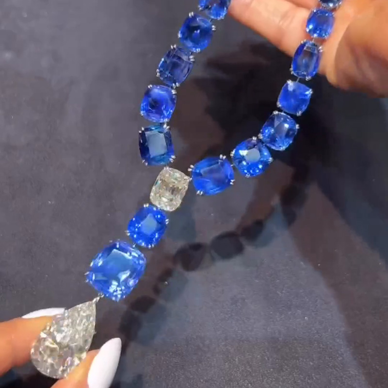 92ctw Cushion Cut Blue Sapphires & Pear Cut White Sapphires Handmade Pendant Necklace