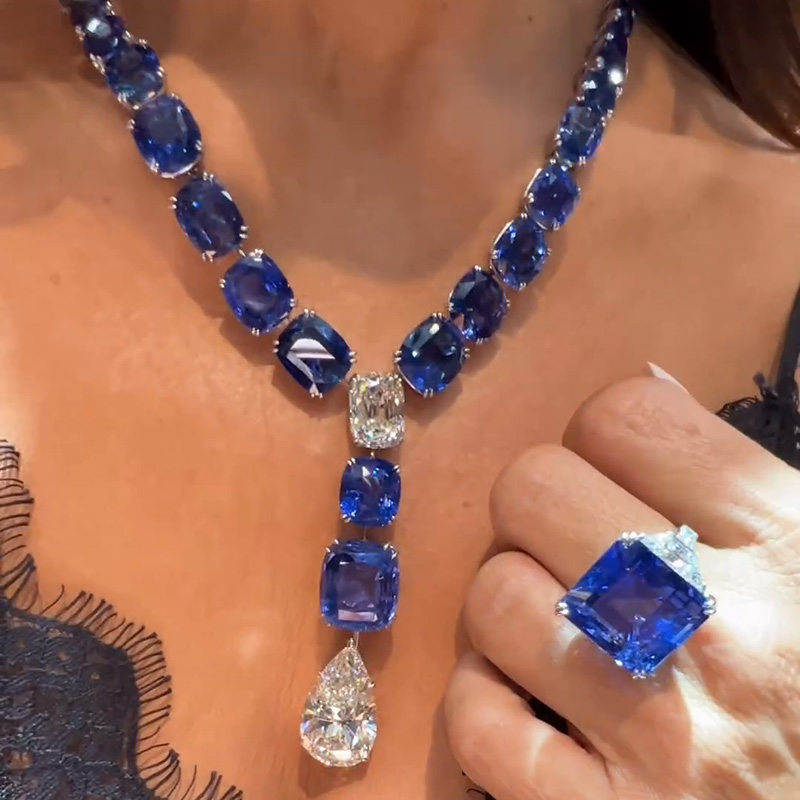 92ctw Cushion Cut Blue Sapphires & Pear Cut White Sapphires Handmade Pendant Necklace