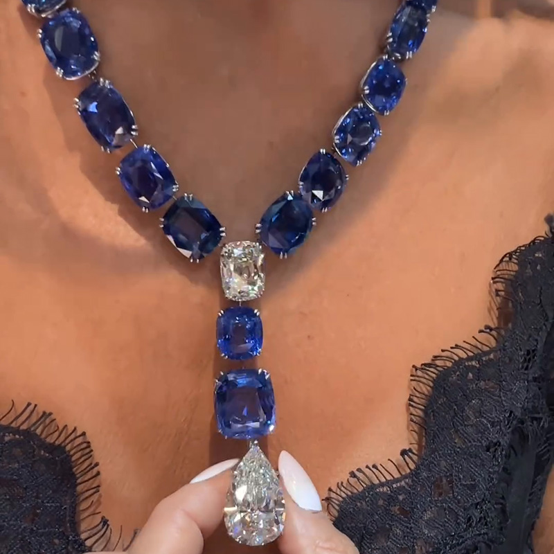 92ctw Cushion Cut Blue Sapphires & Pear Cut White Sapphires Handmade Pendant Necklace