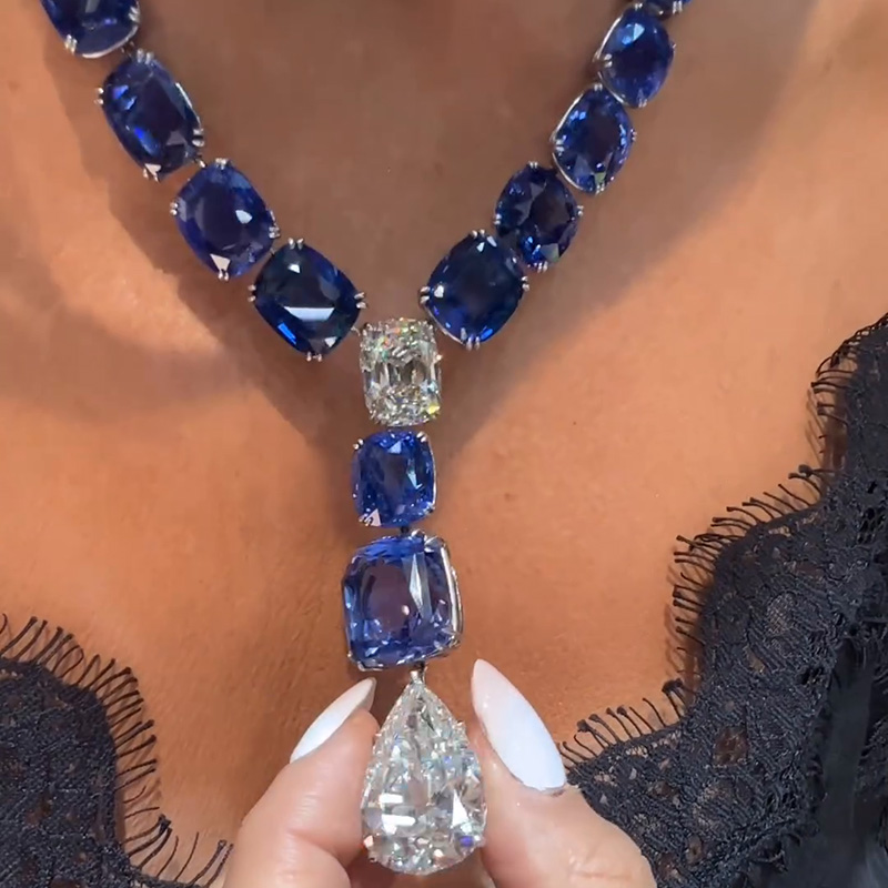 92ctw Cushion Cut Blue Sapphires & Pear Cut White Sapphires Handmade Pendant Necklace