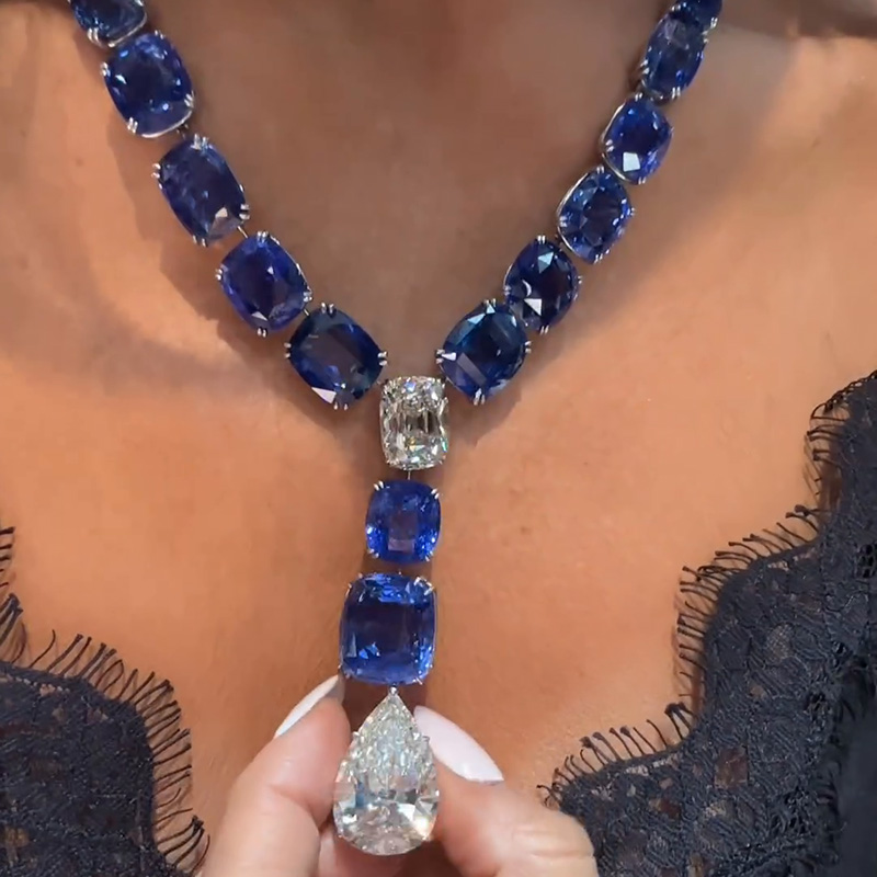 92ctw Cushion Cut Blue Sapphires & Pear Cut White Sapphires Handmade Pendant Necklace