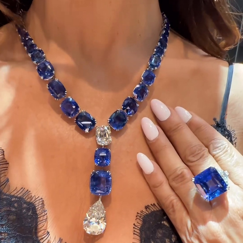 92ctw Cushion Cut Blue Sapphires & Pear Cut White Sapphires Handmade Pendant Necklace