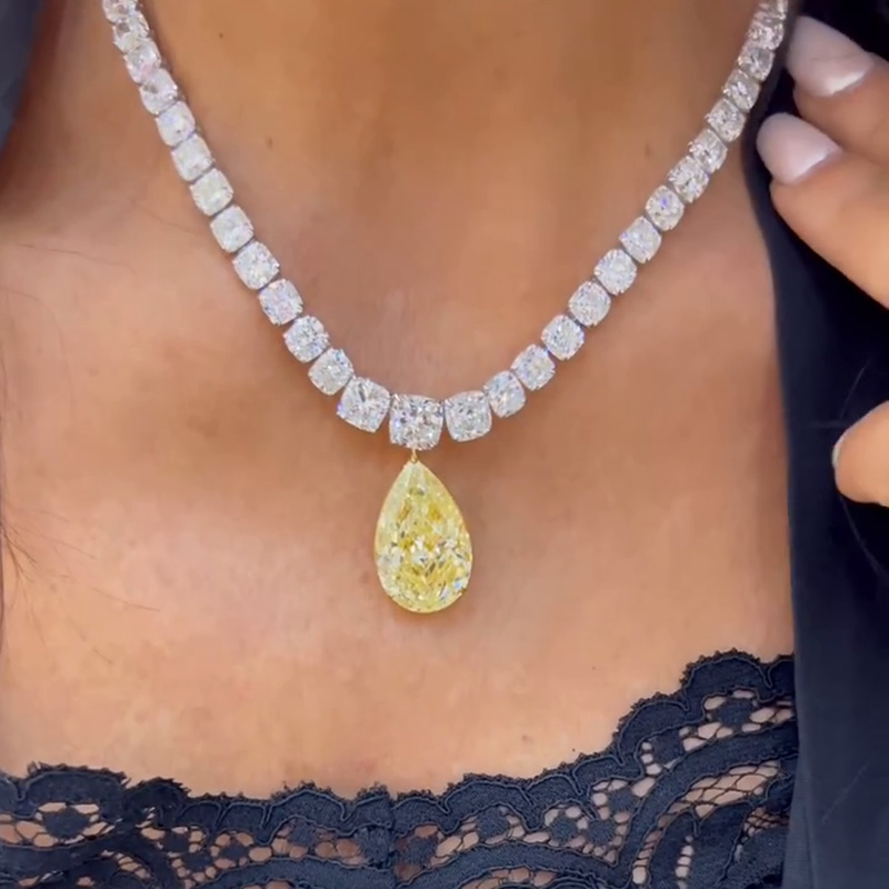 45ctw Cushion Cut White Sapphires & Pear Cut Yellow Sapphires Handmade Pendant Rivière Necklace