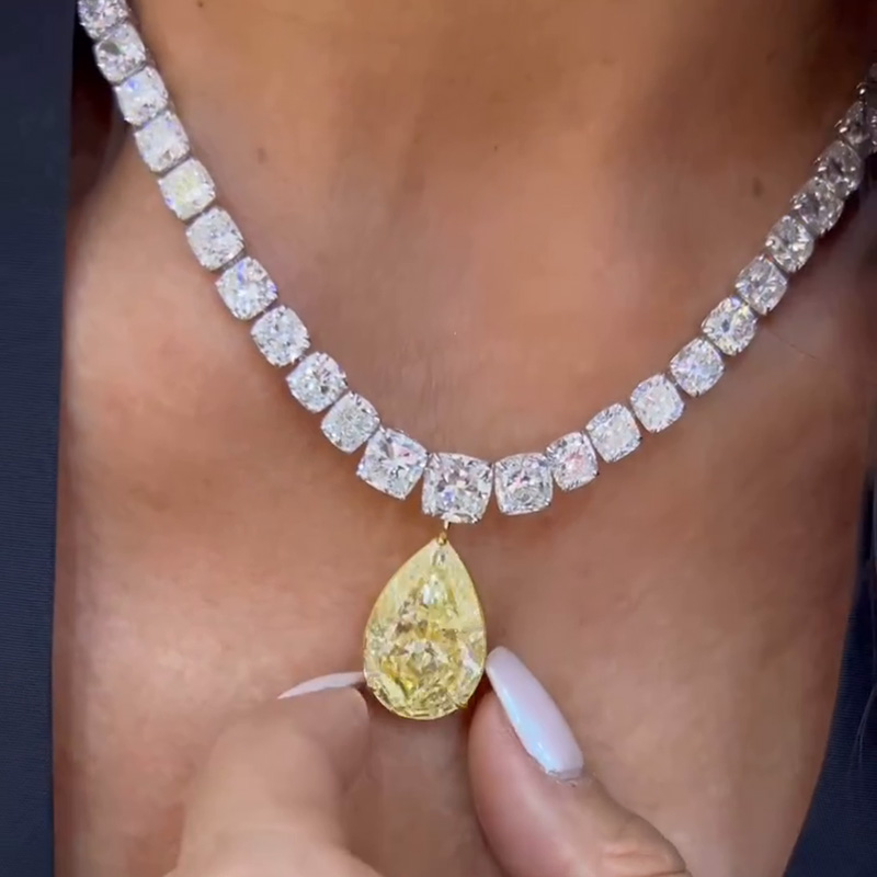 45ctw Cushion Cut White Sapphires & Pear Cut Yellow Sapphires Handmade Pendant Rivière Necklace