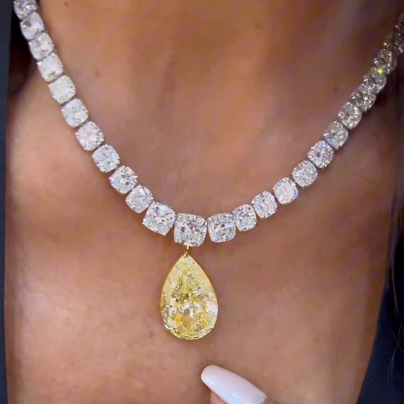 45ctw Cushion Cut White Sapphires & Pear Cut Yellow Sapphires Handmade Pendant Rivière Necklace