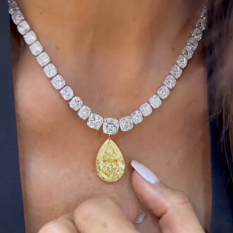 45ctw Cushion Cut White Sapphires & Pear Cut Yellow Sapphires Handmade Pendant Rivière Necklace