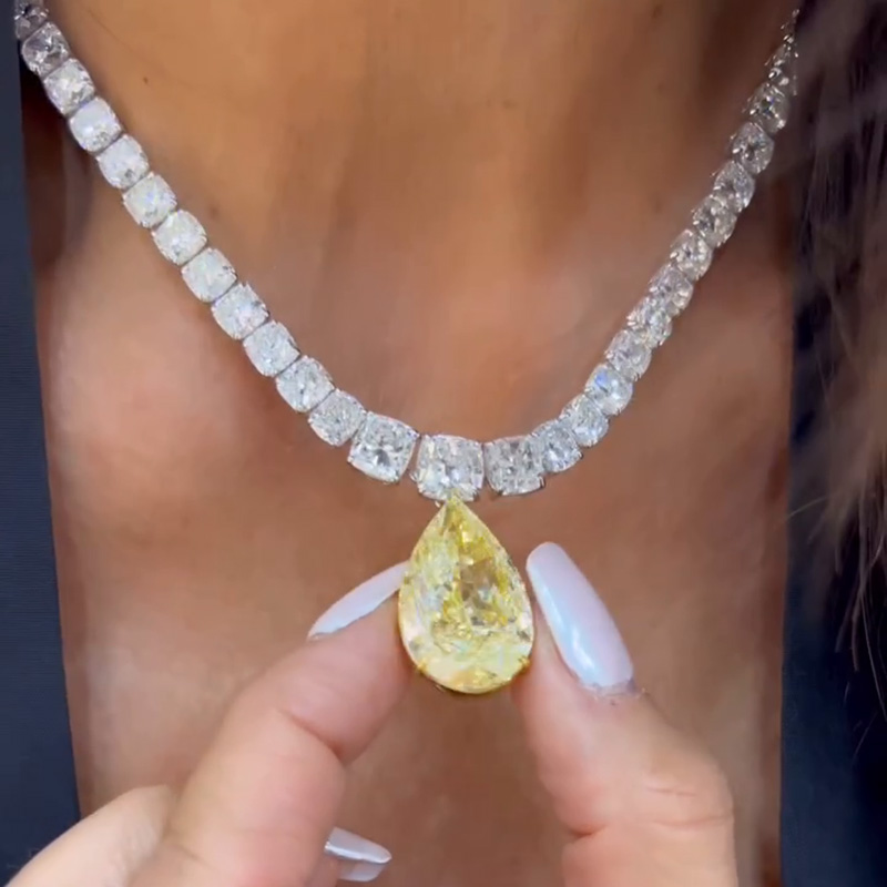 45ctw Cushion Cut White Sapphires & Pear Cut Yellow Sapphires Handmade Pendant Rivière Necklace