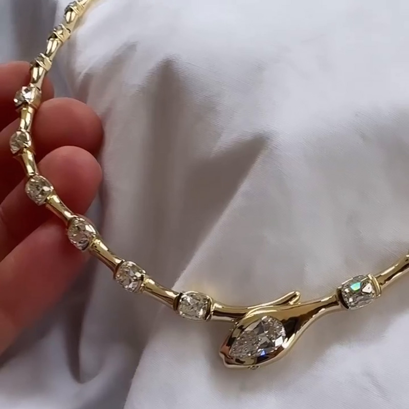 17ctw Cushion And Pear Cut White Sapphire Art Design Handmade Necklace In Yellow Gold