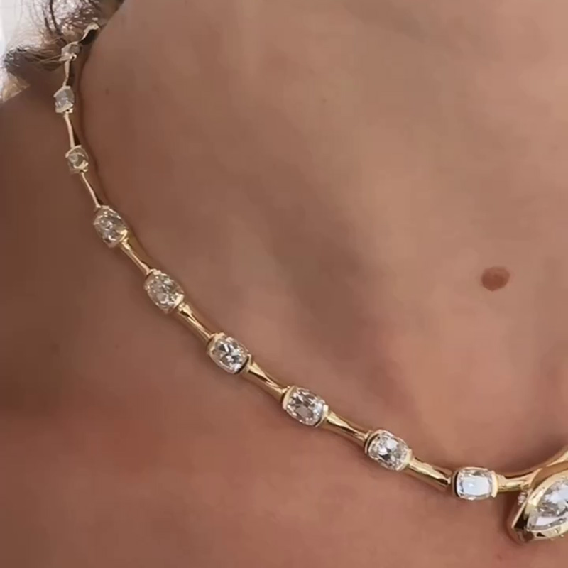 17ctw Cushion And Pear Cut White Sapphire Art Design Handmade Necklace In Yellow Gold