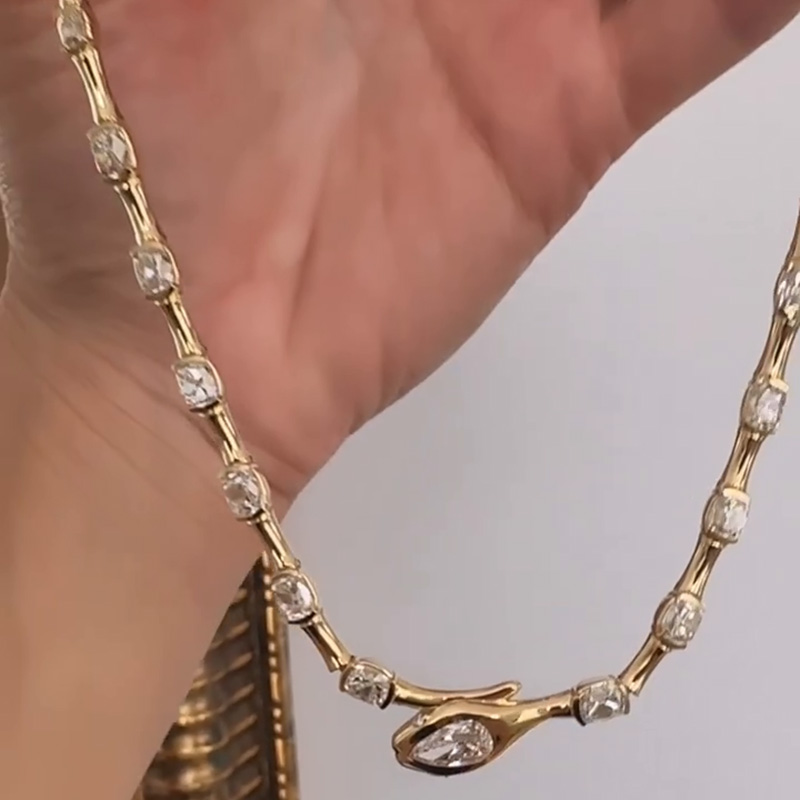 17ctw Cushion And Pear Cut White Sapphire Art Design Handmade Necklace In Yellow Gold