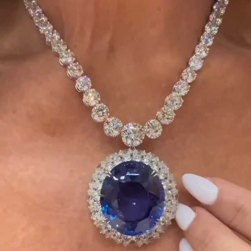 45ct Oval Cut Blue Sapphire Double Halo Handmade Necklace